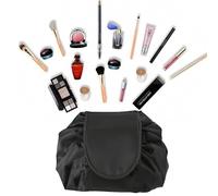 Large Capacity Flat Lay Drawstring Makeup Bag,Black Lazy Flat Drawstring Drawstring Bag,Lazy Cosmetic Pouch,Portable Travel Storage Organizer for Women,Girls,for Cosmetics and Going Out Essentials.