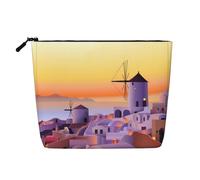 Large Capacity Greece Island Sunset Landscape Printed Single-Layer Faux Linen Cosmetic Bag Personal Care Organizer Suitable for Various Occasions