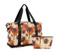Large Capacity Large Travel Duffel Luggage Palm Tree Obsidian Orange and Brown Weekend Bag with Toiletry Bag for Hiking