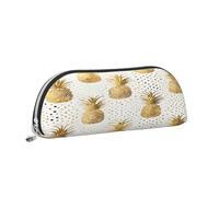Large Capacity Leather Pencil Case For School & Work, Semi-Circle Makeup Bag For Cosmetics, Gold Glitter Pineapples, Durable Pen Pouch With Metallic Zipper, Organizer For Backpack, Briefcase, Purse