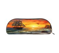 Large Capacity Leather Pencil Case For School & Work, Semi-Circle Makeup Bag For Cosmetics, Pirate Ship Sunset, Durable Pen Pouch With Metallic Zipper, Organizer For Backpack, Briefcase, Purse