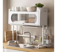 Large Capacity Metal Over The Sink Dish Drying Rack with Flap Door and Removable Cutlery Basket Multifunctional Countertop Utensil Holder Space-Saving for Plates Bowl(White,107cm/42in)