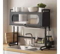 Large Capacity Metal Over The Sink Dish Drying Rack with Flap Door and Removable Cutlery Basket Multifunctional Countertop Utensil Holder Space-Saving for Plates Bowl(Black,97cm/38.2in)