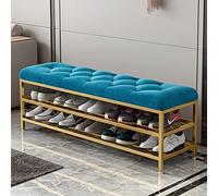 Large Capacity Metal Shoe Rack with Velvet Seat Modern Upholstered Shoe Storage Bench for Hallway Stylish Accent Furniture in Blue 80x25x46cm (31x10x18inch)