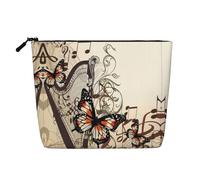 Large Capacity Music Background with Harp and Butterfly Printed Single-Layer Faux Linen Cosmetic Bag Personal Care Organizer Suitable for Various Occasions