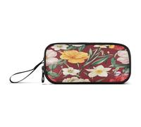 Large Capacity Pen Case Teen Girls Cool Pencil Cases Office with Compartment Flowers Peonies Portulaca Grandiflora Narcissus Red