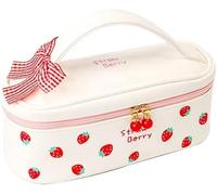 Large Capacity Pen Pencil Case Kawaii Stationery Pouch, Students PU Leather Aesthetic Japanese Zipper Cosmetic Bag School Supplies for Back to School, College and Office (Pink-Strawberry) (Color : Pi