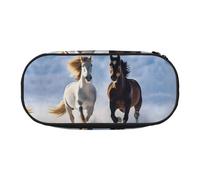 Large capacity pencil case, Black White Horses Running Organizer with Zippered, Compartments Elastic Pen Holders for School, Office, Lightweight pen bag for Travel, MULTI-USE Oxford Fabric pencil bag
