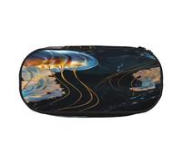 Large capacity pencil case, Blue and Gold Jellyfish Organizer with Zippered, Compartments & Elastic Pen Holders for School, Office, Lightweight pen bag for Travel, MULTI-USE Oxford Fabric pencil bag
