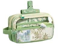 Large Capacity Pencil Case, Elegant Chinese Style Pen Pouch with Transparent Design, Canvas Stationery Organizer for Students, Perfect for School and Office Supplies, Tea Green