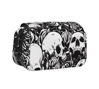 Large Capacity Pencil Case For Girls & Boys, Double Layer Pencil Case With Flip Top, Black Floral Skull Pen Bag Organizer, Portable Office Stationery Makeup Bag Pencil Pouch For School, College, Exams