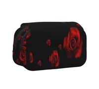 Large Capacity Pencil Case For Girls & Boys, Double Layer Pencil Case With Flip Top, Red Rose Black Pen Bag Organizer, Portable Office Stationery Makeup Bag Pencil Pouch For School, College, Exams