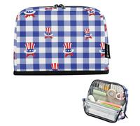 Large Capacity Pencil Case Makeup Bags Large Desk Organizer For Nursery Student Blue Plaid With Uncle Sam Hats