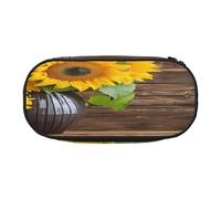 Large capacity pencil case, Three Sunflowers on Wooden Organizer with Zippered, Compartments Elastic Pen Holders for School, Office, Lightweight pen bag for Travel, MULTI-USE Oxford Fabric pencil bag