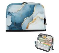 Large Capacity Pencil Case Travel Zipper Organizer Blue Marble White