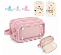 Large Capacity Pencil Case with 3 Compartments, Exam-Friendly Pencil Pouch with Detachable Clear Pocket & Handle, Stationery Case for School Office Includes 2 A7 Notebooks & 3 Binder Clips (Pink)