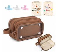 Large Capacity Pencil Case with 3 Compartments, Exam-Friendly Pencil Pouch with Detachable Clear Pocket & Handle, Stationery Case for School Office Includes 2 A7 Notebooks & 3 Binder Clips (Brown)