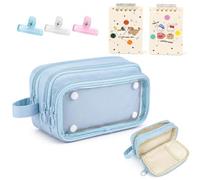 Large Capacity Pencil Case with 3 Compartments, Exam-Friendly Pencil Pouch with Detachable Clear Pocket & Handle, Stationery Case for School Office Includes 2 A7 Notebooks & 3 Binder Clips (Blue)