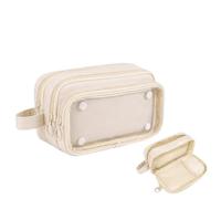 Large Capacity Pencil Case with 3 Compartments, Exam-Friendly Pencil Pouch with Detachable Clear Pocket & Handle, Stationery Case for School Office Includes 2 A7 Notebooks & 3 Binder Clips (Off-white)