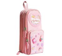 Large Capacity Pencil Case with Cute Strawberry Rabbit Design, Fun and Aesthetic Pen Pouch with Happy Times Glitter Heart, Canvas Stationery Organizer for Girls, Kids, Students