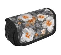 Large Capacity Pencil Case Zippered Blooming Hibiscus Flowers Pencil Pouch Multifunctional Pen Case with 3 Compartment Adult Fabric Makeup Bag for Women Men Storage Organizer for Office Supply