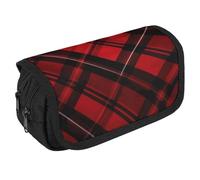 Large Capacity Pencil Case Zippered Red And Black Plaid Pencil Pouch Multifunctional Pen Case with 3 Compartment Adult Fabric Pen Bag for Women Men Portable Office Stationery Storage Organizer