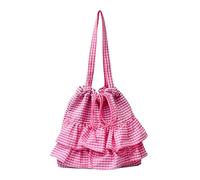 Large Capacity Plaids Print Shoulder Bag With Ruffle Detail Practical Canvas Underarm Handbag For A Fashionable Look Ruffle Trim Shoulder Bag