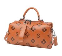 Large Capacity Print Pillow Bag with Handle PU Leather Handbag for Work (Brown)