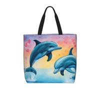 Large Capacity Shoulder Bag with Zipper,Reusable Grocery Dolphins in Love Print Tote Bag for Shopping