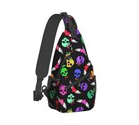 Large Capacity Sling Chest Bag Backpack, Fashion and Durable Compatible with Black Colorful Love Hearts Funny Skulls Daypack, Cross Body Funny Shoulder Sack with Adjutable Strap for Men Women Travel
