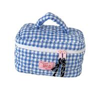 Large Capacity Spacious Gingham Makeup Bag with Quilted Heart Embroidery and Carry Handle for Travel Toiletry Storage Gym Cosmetic Bag