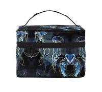 Large Capacity Travel Blue and Gold Jellyfish Cosmetic Bag, Canvas Ladies Toiletry Bag, Multi-Pocket Cosmetic Bag with Handle, Christmas Holiday Cosmetic Bag