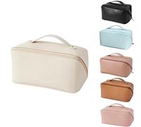 Large-Capacity Travel Cosmetic Bag- Soft PU Leather with Dividers and Elastic Pocket, Portable Waterproof Multi Layer Makeup Bag, Versatile Roomy Zipper Pouch Toiletry Bag for Women (White)
