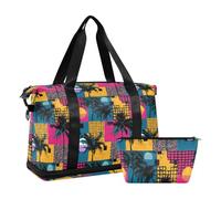 Large Capacity Travel Hand Bag Tropical Tree Blue Red Geometic Retro Carry on Weekender Overnight Bag with Toiletry for Business Trips