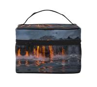 Large Capacity Travel Kilauea Volcano Cosmetic Bag, Canvas Ladies Toiletry Bag, Multi-Pocket Cosmetic Bag with Handle, Christmas Holiday Cosmetic Bag