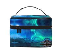 Large Capacity Travel Northern Lights Cosmetic Bag, Canvas Ladies Toiletry Bag, Multi-Pocket Cosmetic Bag with Handle, Christmas Holiday Cosmetic Bag