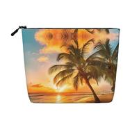 Large Capacity Tropical Beach Palm Tree Sunset Printed Single-Layer Faux Linen Cosmetic Bag Personal Care Organizer Suitable for Various Occasions