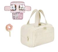 Large Capacity Wide-Open Travel Cosmetic Bag, 2025 New Travel Cosmetic Bag for Women, Flat Lay Makeup Bag with Compartments, Spacious Interior,Easy Access (Off-White)