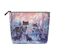 Large Capacity Wolves Family Printed Single-Layer Faux Linen Cosmetic Bag Personal Care Organizer Suitable for Various Occasions