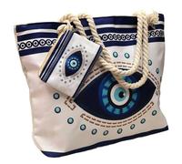 Large Capacity Women's Evil Eye Beach Tote Bag, Handmade Canvas Shoulder Bag with Mini Pouch, Single-sided Pattern (Style F)