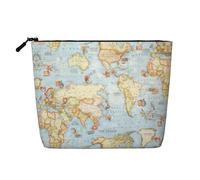 Large Capacity World Map Printed Single-Layer Faux Linen Cosmetic Bag Personal Care Organizer Suitable for Various Occasions