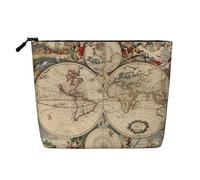 Large Capacity World Map Retro Printed Single-Layer Faux Linen Cosmetic Bag Personal Care Organizer Suitable for Various Occasions