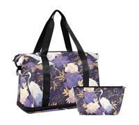 Large Carry On Weekend gym bag duffel bag with Adjutable trap for Yoga Waterproof, purple cranes flowers white