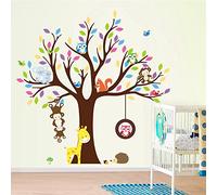 Large Cartoon Monkey Owl Tree Jungle Animals Theme Wall Art Decals Sticker Murals Decoration for Living Room Nursery Baby Girl Boy Kid Children's Room Bedroom Decor