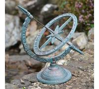 Large Cast Iron Armillary Sphere Garden Ornament | Antique Green Finish Freestanding Metal Sculpture | Vintage Celestial Garden Décor | Indoor Outdoor | 39cm H x 30cm W | 2.5kg
