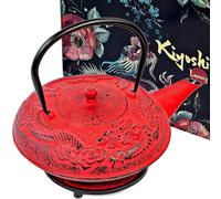 Large Cast Iron Tea Kettle Set - 40oz/1200ml Japanese Teapot with Infuser & Matching Trivet - Tetsubin Iron Tea Pot Japanese Style with Enamel Interior - Handcrafted Dragon Teapot Humidifier - Red