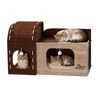 Large Cat Beds for Indoor Cats, Two-Story Cat Cave Cube for Multiple & Large Kitties, Foldable Cat Houses Hideaway Condo with Fluffy Ball, Scratch Pad, Removable Washable Cushioned Pillow