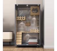 Large Cat Cage Playpen with Wooden Frame & Glass Door - Metal Perforated Board, Ladder, Wheels - Spacious Indoor/Outdoor Enclosure for Cats-