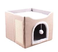 Large Cat Cave, Foldable Cave Kitten House Cat Bed, Cozy Sleeping Condo Tent, Soft Plush Cushion, Enclosed Cube Design with Hanging Ball, Scratch Pad, Perfect Hideaway for Small Animals