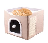Large Cat Cave, Foldable Cave Kitten House Cat Bed, Cozy Sleeping Condo with Plush Ball and Scratch Pad, 16.14x16.14x13.78 Inches Cute Tent Cube Shelf for Kittens, Puppies